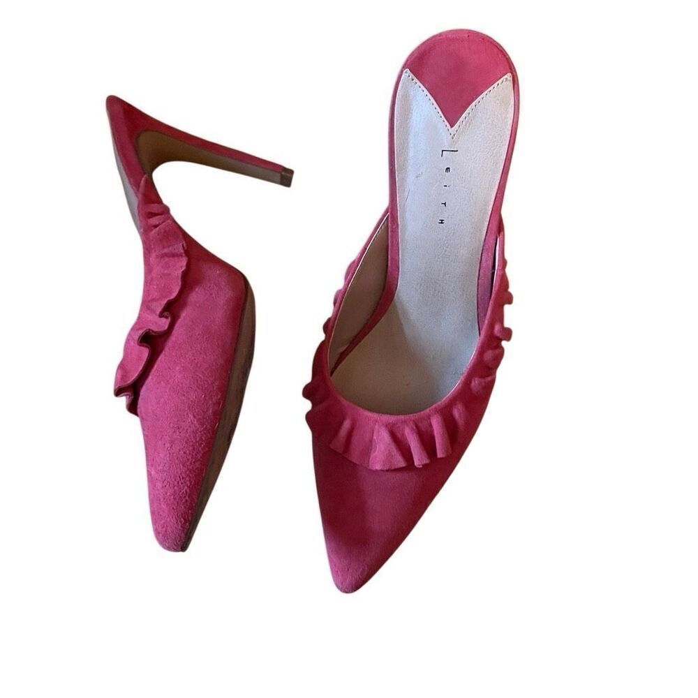 LEITH | pink suede mule heels with ruffle detail 8 - Picture 11 of 14